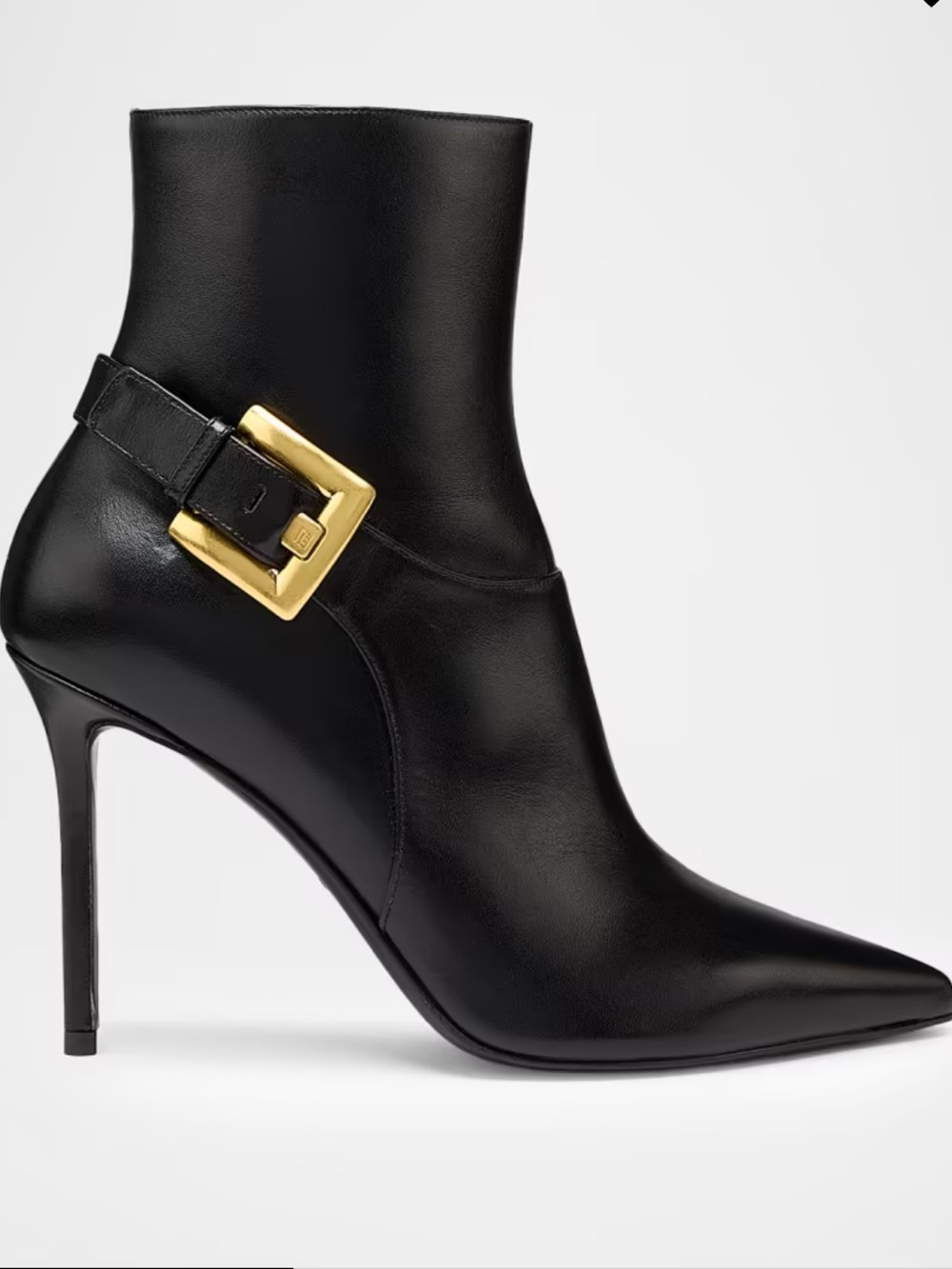NIB Balmain Black Leather Pointed-Toe Buckle Ankle Booties, Size 7